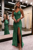 Load image into Gallery viewer, Sparkly Dark Green Open Back Sequins Long Formal Dress with Slit