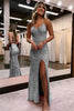 Load image into Gallery viewer, Sparkly Dark Green Open Back Sequins Long Formal Dress with Slit