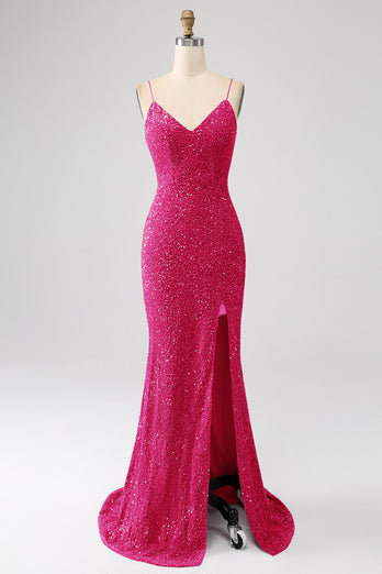 Hot Pink Sequins Glitter Formal Dress with Slit