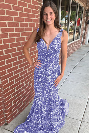 Mermaid Blue V-Neck Sequins Long Formal Dress