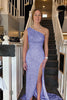 Load image into Gallery viewer, Sheath One Shoulder Sky Blue Long Formal Dress with Beading