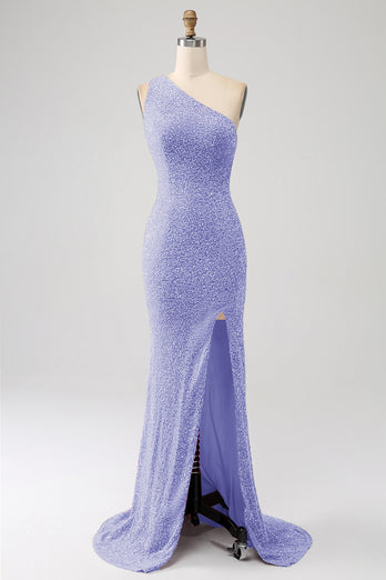 Light Blue One Shoulder Sequins Formal Dress