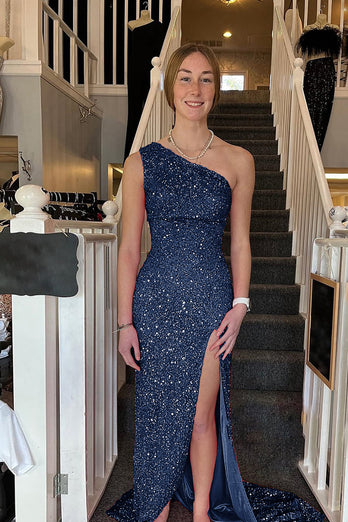 Sparkly Sheath One Shoulder Navy Sequins Long Formal Dress with Slit