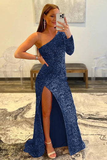 Golden One Shoulder Sequined Formal Dress