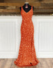 Load image into Gallery viewer, Sheath Spaghetti Straps Red Sequins Formal Dress with Split Front