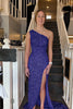 Load image into Gallery viewer, Sheath One Shoulder Sky Blue Long Formal Dress with Beading