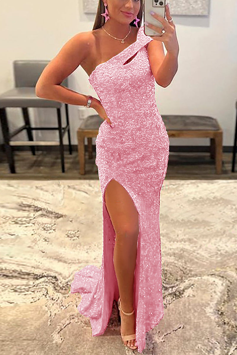 Load image into Gallery viewer, Fuchsia One Shoulder Sequins Formal Dress