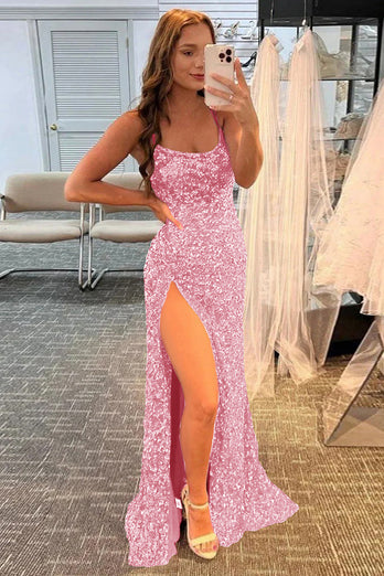 Mermaid Glitter Sequins Sexy Hot Pink Backless Long Formal Dress