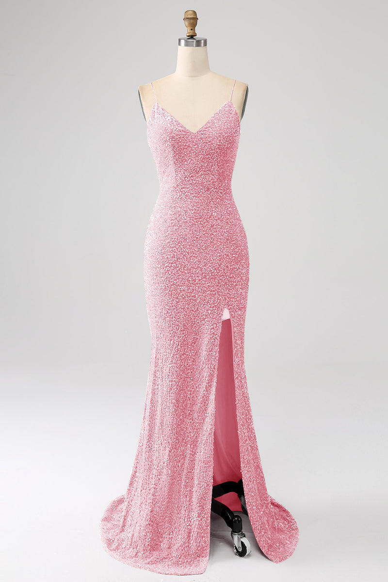 Load image into Gallery viewer, Fuchsia Mermaid Spaghetti Straps V-Neck Sequin Formal Dress With Split