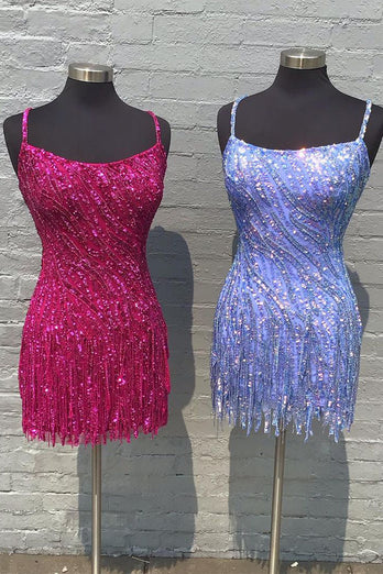 Sparkly Golden Spaghetti Straps Sequins Fringed Tight Short Formal Dress