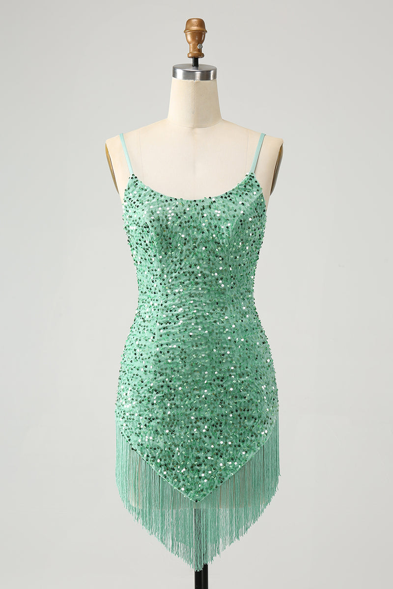 Load image into Gallery viewer, Sparkly Sage Sequins Spaghetti Straps Short Formal Dress with Tassels