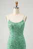 Load image into Gallery viewer, Sparkly Sage Sequins Spaghetti Straps Short Formal Dress with Tassels