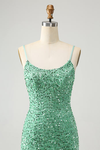 Sparkly Sage Sequins Spaghetti Straps Short Formal Dress with Tassels