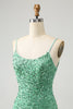 Load image into Gallery viewer, Sparkly Sage Sequins Spaghetti Straps Short Formal Dress with Tassels