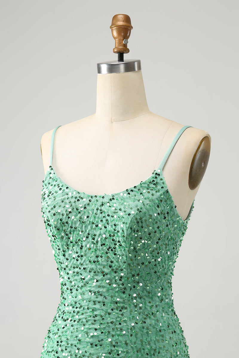 Load image into Gallery viewer, Sparkly Sage Sequins Spaghetti Straps Short Formal Dress with Tassels