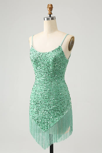 Sparkly Sage Sequins Spaghetti Straps Short Formal Dress with Tassels