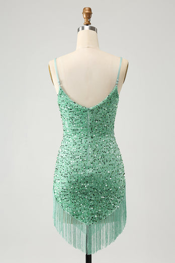 Sparkly Sage Sequins Spaghetti Straps Short Formal Dress with Tassels