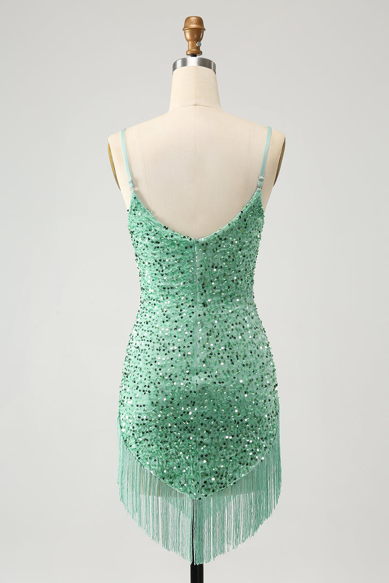 Load image into Gallery viewer, Sparkly Sage Sequins Spaghetti Straps Short Formal Dress with Tassels