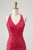 Load image into Gallery viewer, Glitter Fuchsia Sequins Tight Halter Short Formal Dress