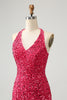 Load image into Gallery viewer, Glitter Fuchsia Sequins Tight Halter Short Formal Dress