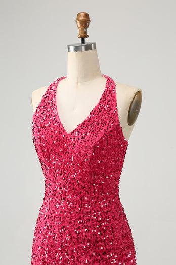 Glitter Fuchsia Sequins Tight Halter Short Formal Dress