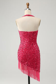 Glitter Fuchsia Sequins Tight Halter Short Formal Dress