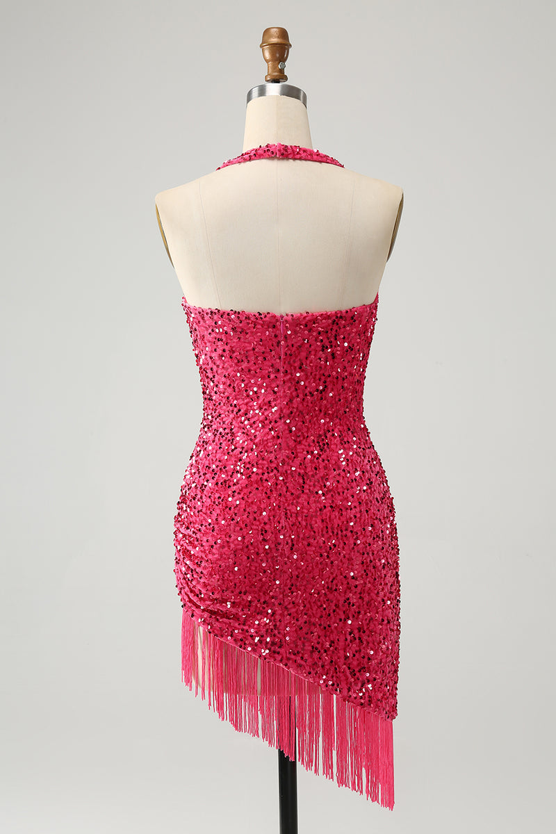 Load image into Gallery viewer, Glitter Fuchsia Sequins Tight Halter Short Formal Dress