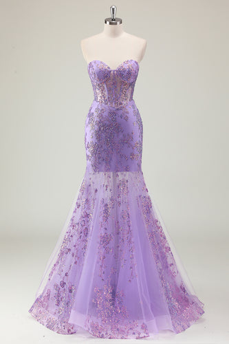 Sparkly Purple Strapless Corset Long Formal Dress with Appliques