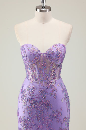 Sparkly Purple Strapless Corset Long Formal Dress with Appliques