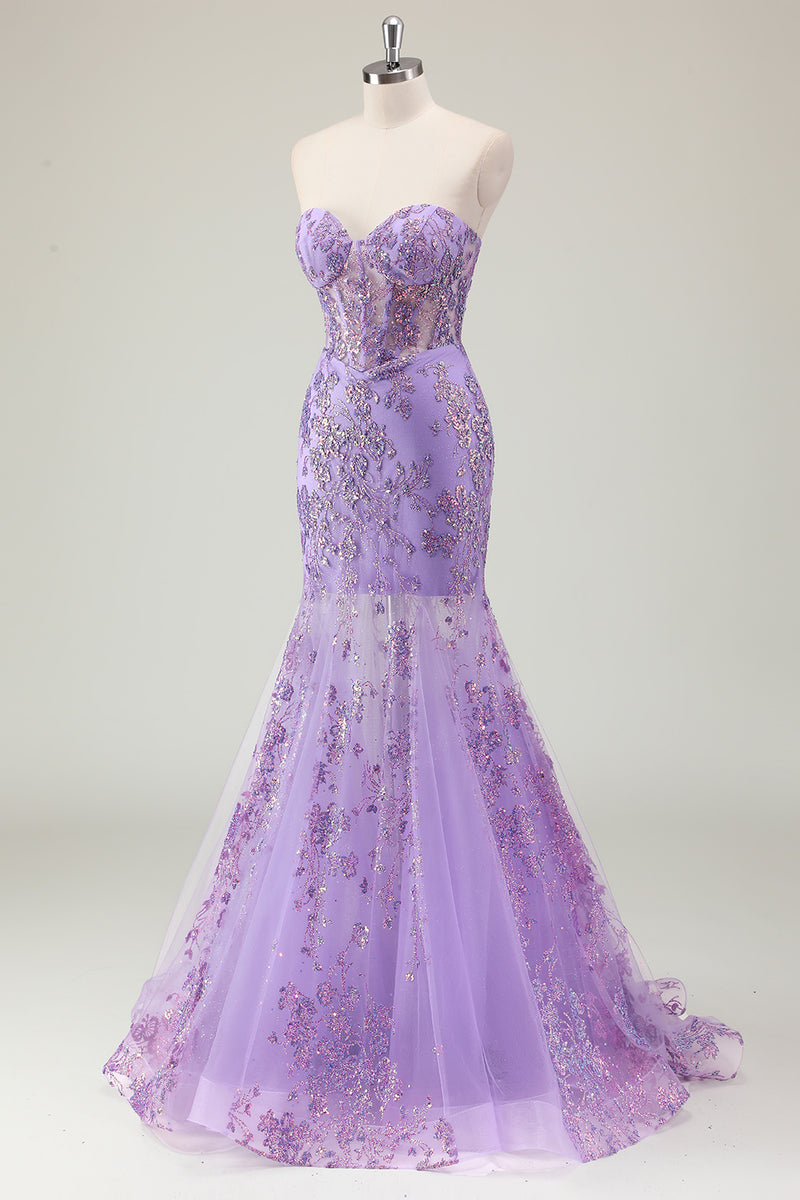 Load image into Gallery viewer, Sparkly Purple Strapless Corset Long Formal Dress with Appliques