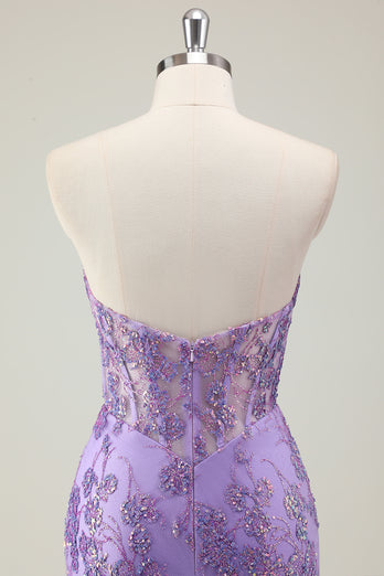 Sparkly Purple Strapless Corset Long Formal Dress with Appliques