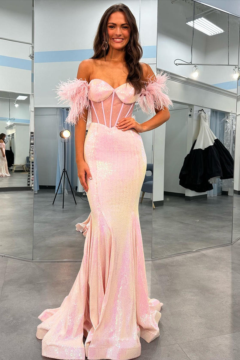 Load image into Gallery viewer, Sparkly Blush Mermaid Long Corset Formal Dress With Feather