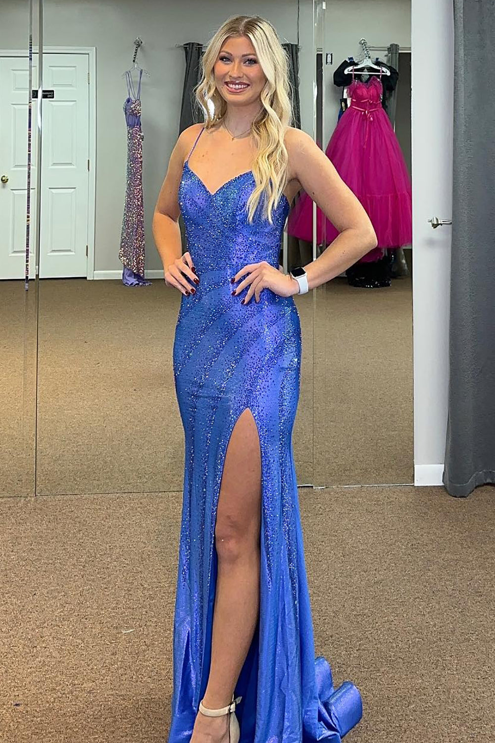 Glitter Royal Blue Mermaid Long Formal Dress With Slit