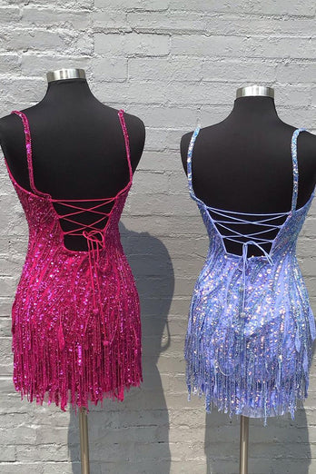 Sparkly Golden Spaghetti Straps Sequins Fringed Tight Short Formal Dress