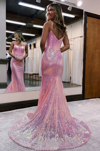 Sparkly Pink Sequin Long Mermaid Corset Formal Dress