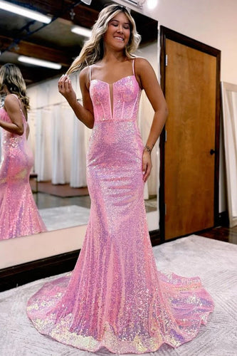 Sparkly Pink Sequin Long Mermaid Corset Formal Dress