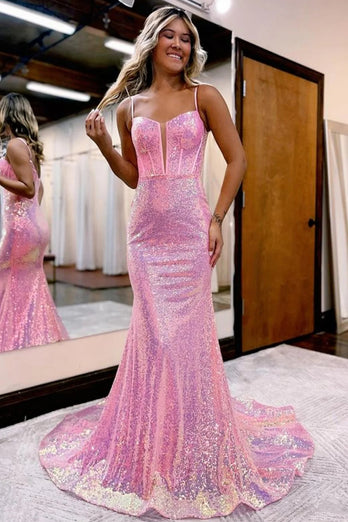 Sparkly Pink Sequin Long Mermaid Corset Formal Dress