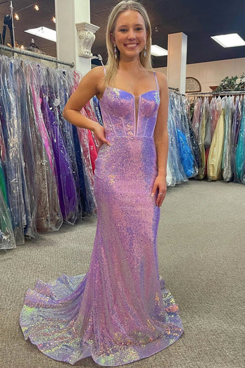 Sparkly Pink Sequin Long Mermaid Corset Formal Dress