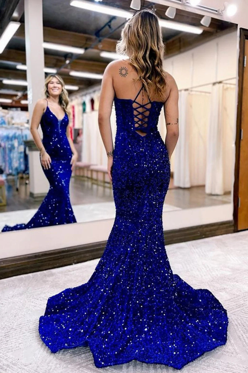 Load image into Gallery viewer, Sparkly Royal Blue Lace-Up Back Sequins Mermaid Long Formal Dress