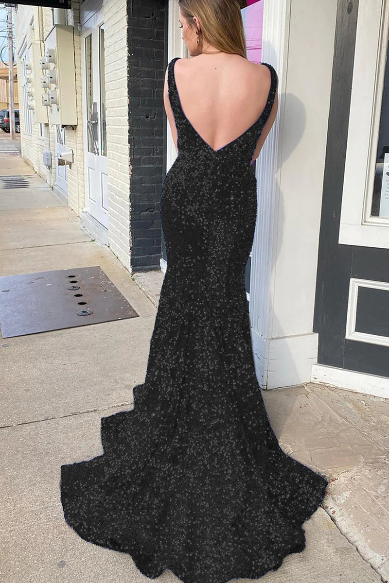 Load image into Gallery viewer, Mermaid Deep V Neck Purple Sequins Formal Dress with Open Back