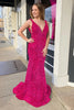 Load image into Gallery viewer, Mermaid Deep V Neck Purple Sequins Formal Dress with Open Back