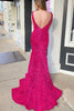 Load image into Gallery viewer, Mermaid Deep V Neck Purple Sequins Formal Dress with Open Back