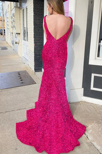 Mermaid Deep V Neck Purple Sequins Formal Dress with Open Back