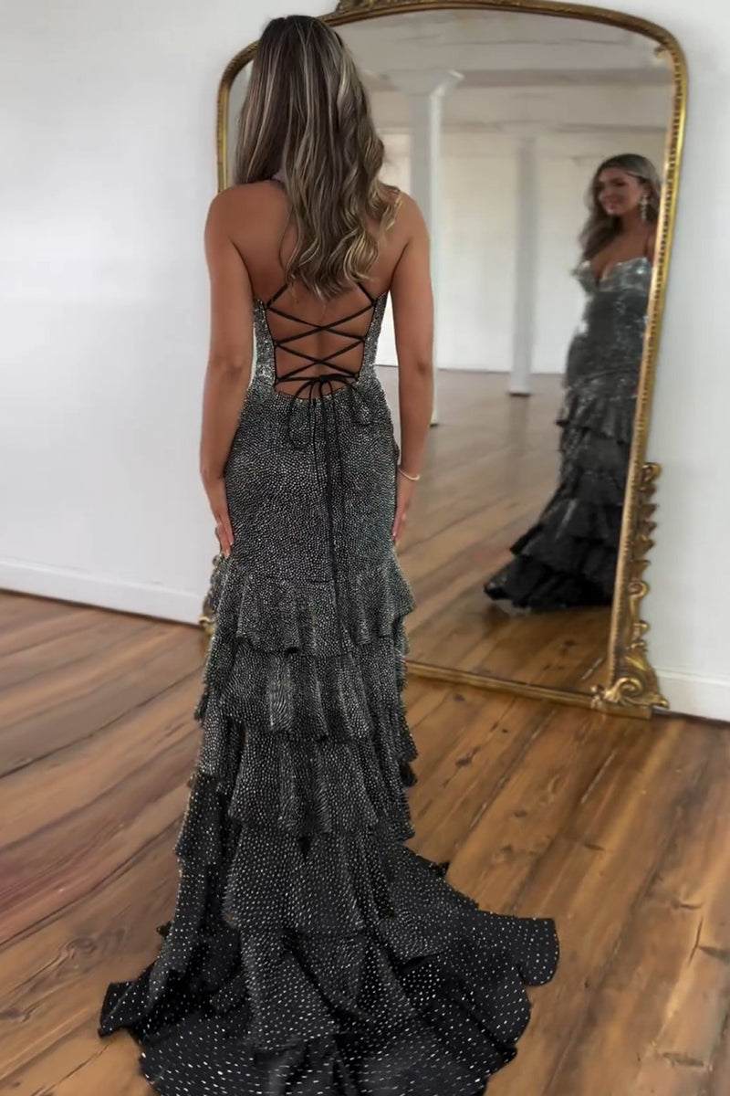 Load image into Gallery viewer, Sparkly Beaded Black Ruffled Long Formal Dress With Slit