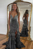 Load image into Gallery viewer, Glitter Black Spaghetti Straps Mermaid Formal Dress with Ruffles