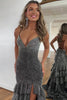 Load image into Gallery viewer, Glitter Black Spaghetti Straps Mermaid Formal Dress with Ruffles