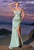 Load image into Gallery viewer, Green Mermaid Satin Spaghetti Straps Long Bridesmaid Dress with Slit