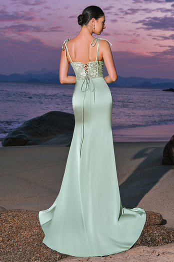 Green Mermaid Satin Spaghetti Straps Long Bridesmaid Dress with Slit