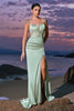 Load image into Gallery viewer, Green Mermaid Satin Spaghetti Straps Long Bridesmaid Dress with Slit