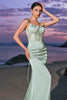 Load image into Gallery viewer, Green Mermaid Satin Spaghetti Straps Long Bridesmaid Dress with Slit